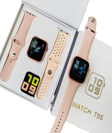 T55 Smart Watch Two Pair Belt Touch Display Calling Option - Pink Images