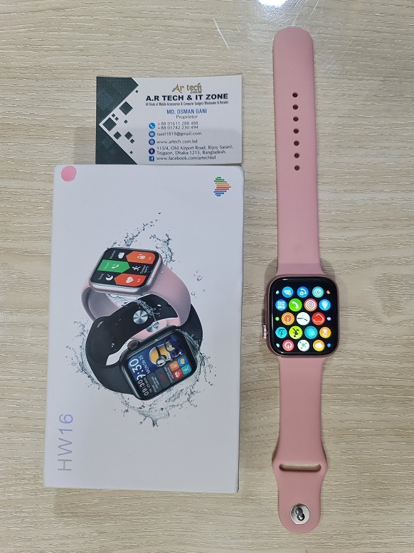 HW16 Smart Watch Waterproof Side Button working Call SMS Fitness Tracker - Pink image